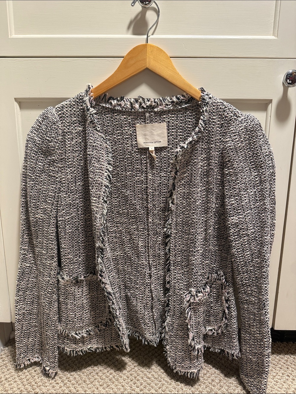 Rebecca Taylor Black & White Tweed Fringe-Trim Open Jacket